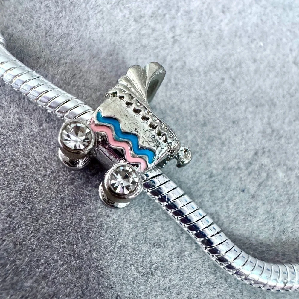 Baby Carriage Stroller Charm Silver Pink Blue fits PANDORA
